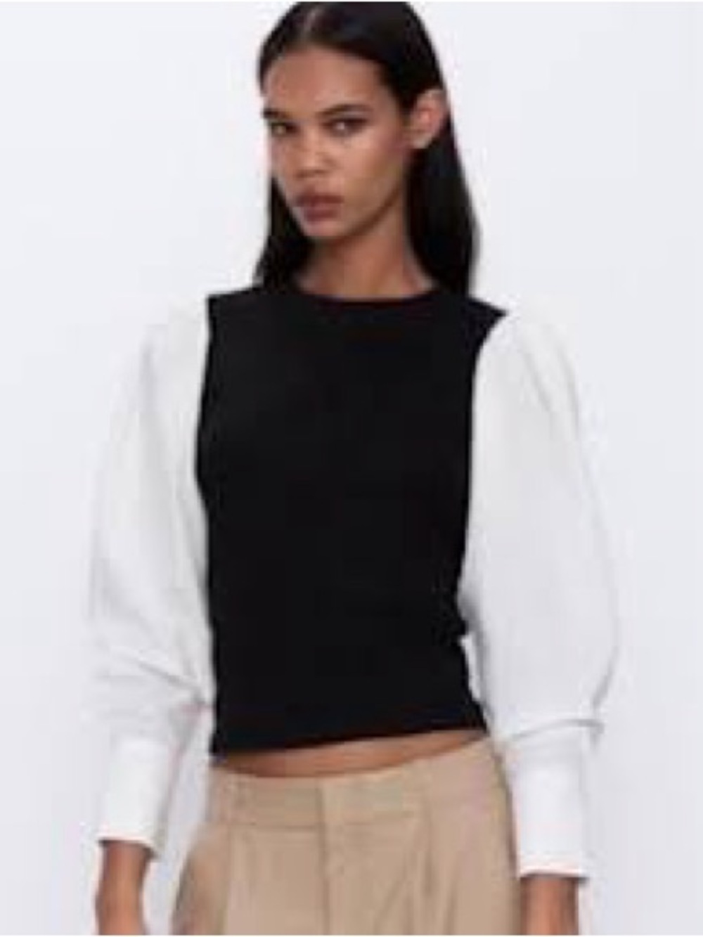 Zara Black Knit Top with White Puff Sleeves M